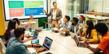 Gen Z students collaborating in a modern classroom, actively engaged with technology and each other.
