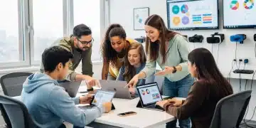 Gen Z students collaboratively learning with digital devices in a modern classroom.