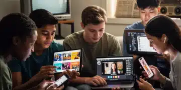 Gen Z individuals consuming digital media on various devices, contrasting with traditional media.