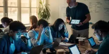 Gen Z students experiencing digital stress in a classroom, with an empathetic educator