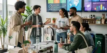 Gen Z consumers discussing ethical buying habits and sustainable products in a modern, eco-conscious setting.