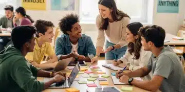Gen Z students collaborating in a classroom with a supportive teacher, fostering growth mindsets.