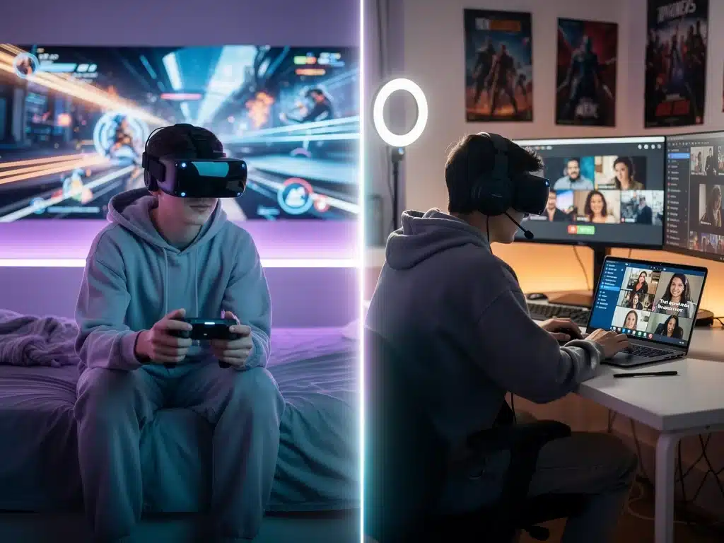 Gen Z engaging with VR gaming and online community discussions.