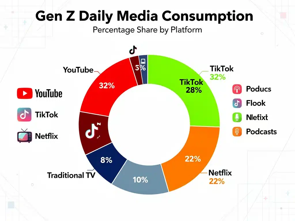 Infographic showing Gen Z daily media consumption percentages by platform.