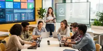 Gen Z students engaged in collaborative learning with technology in a modern classroom
