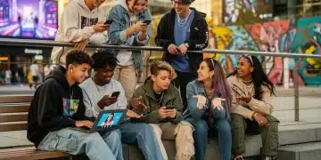 Gen Z teens interacting digitally and in person, reflecting complex social dynamics.
