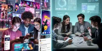 Gen Z teenagers interacting with social media, split screen showing fast-paced digital content versus focused engagement, representing cognitive development in 2026.