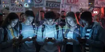 Gen Z navigating social media feeds, illustrating algorithmic political polarization.