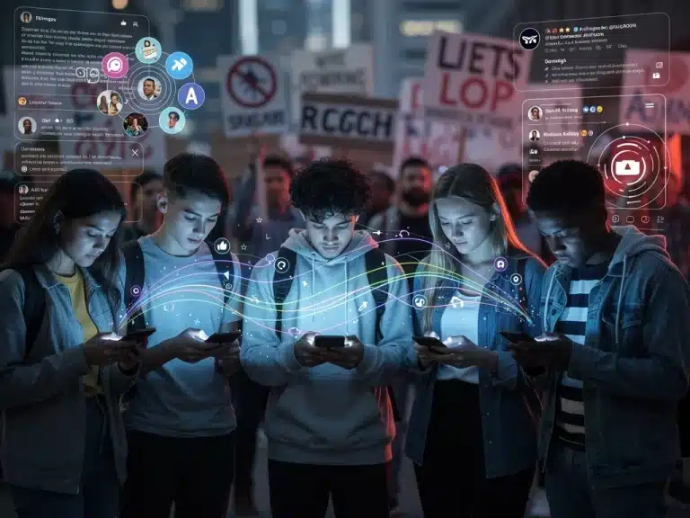 Gen Z navigating social media feeds, illustrating algorithmic political polarization.