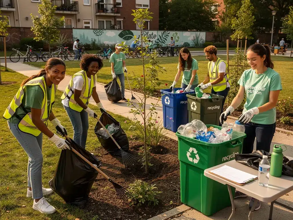 Young people participating in a community clean-up project.