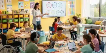 Diverse students engaged in an inclusive classroom with supportive teacher