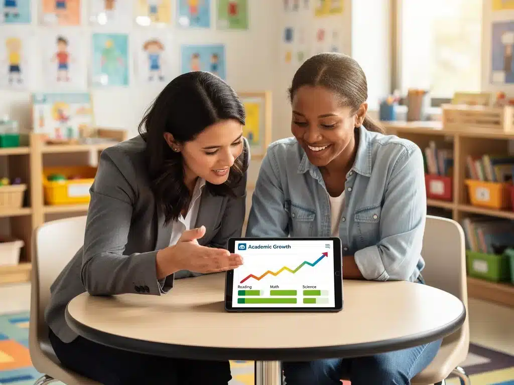 Parent and teacher review child's progress, showing improved academic outcomes