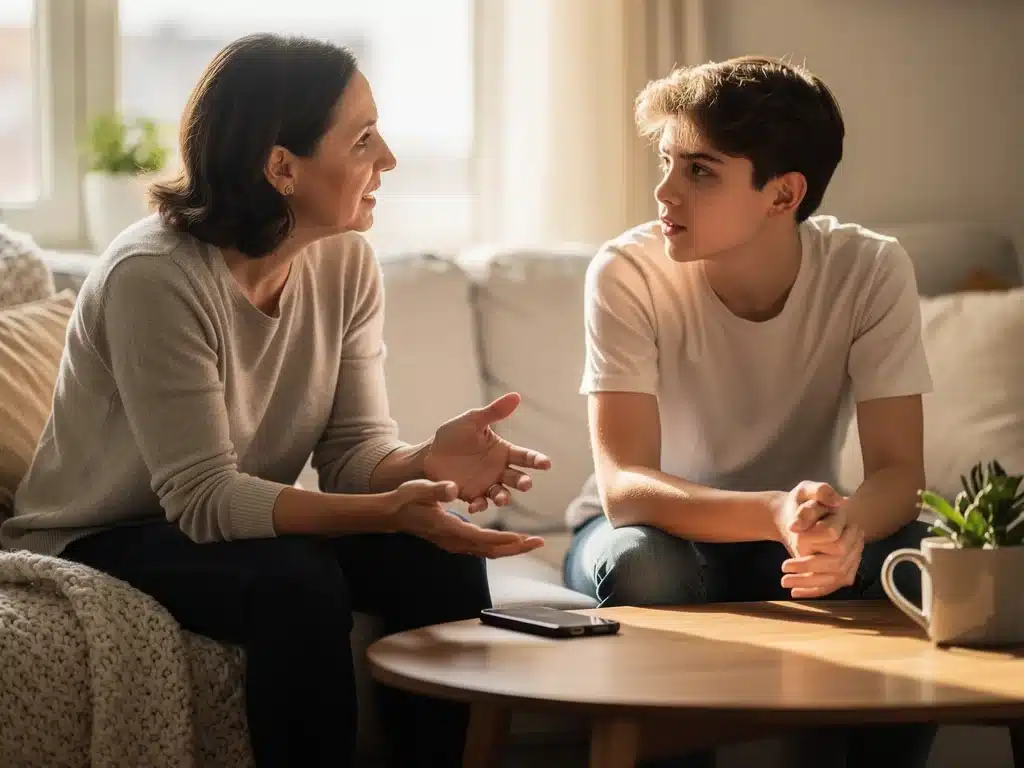 Parent and teenager discussing screen time boundaries and digital well-being.