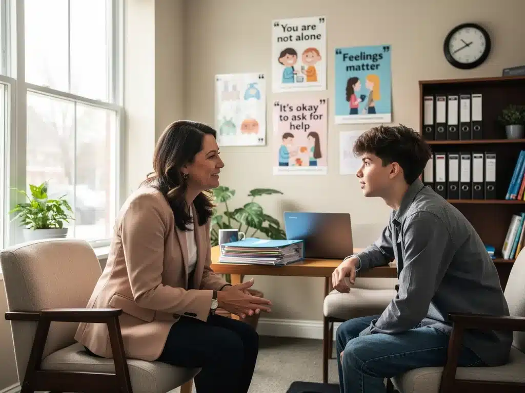 School counselor providing mental health support to a Gen Z student