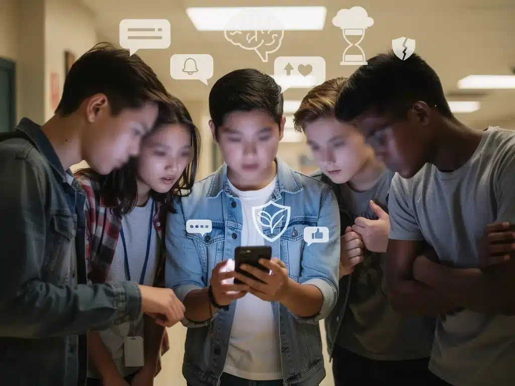 Teenagers interacting with social media, reflecting on digital well-being